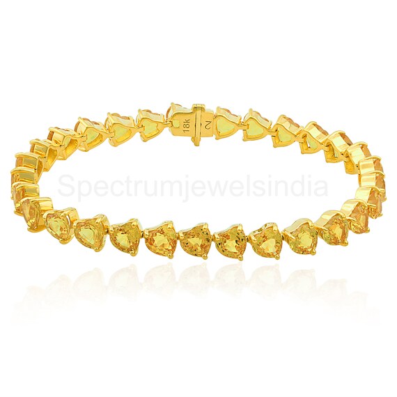 18k Gold Sapphire Bracelet / 18k Yellow Gold Tennis Bracelet / Heart Yellow Sapphire Bracelet / Natural Sapphire Jewelry / Women Gift