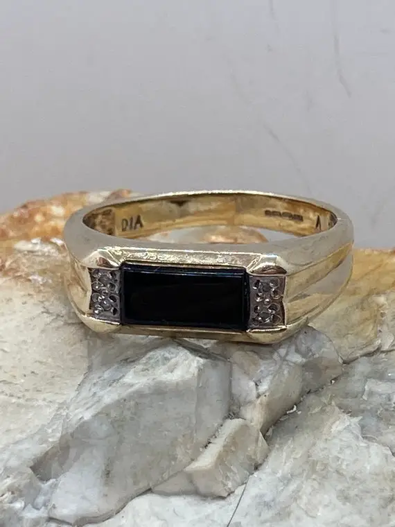 20th Century 9ct Gold Jet And Diamond Signet Band Ring Stacker Spacer Size Ukw1/2 Usa11.25