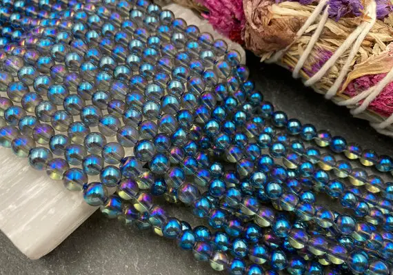 6mm Blue Angel Aura Quartz Beads, Blue Mystic Quartz Beads, Full Or Half Strand, Round, Crystal Quartz, Ab, Aurora, Mystic, Aura Quartz