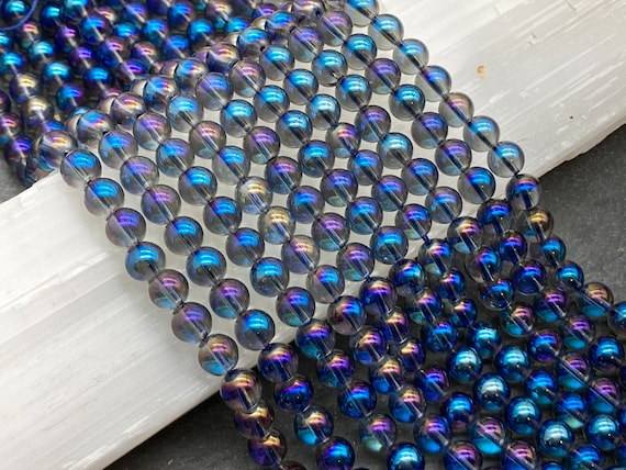 8mm Blue Angel Aura Quartz Beads, Blue Mystic Quartz Beads, Full Or Half Strand, Round, Crystal Quartz, Ab, Aurora, Mystic, Aura Quartz