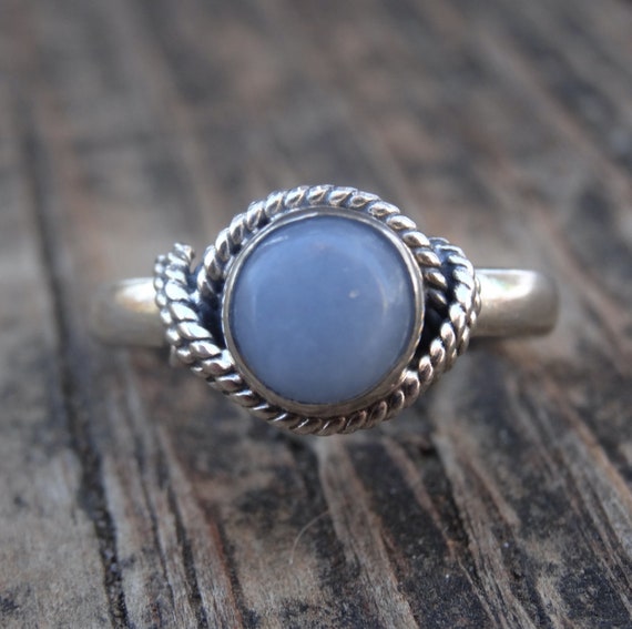 925 - Blue Angelite Sterling Silver Ring Size 7.5, Natural Angelite Healing Stone Metaphysical Angelite Statement Ring Size 7 8 Unique Stone