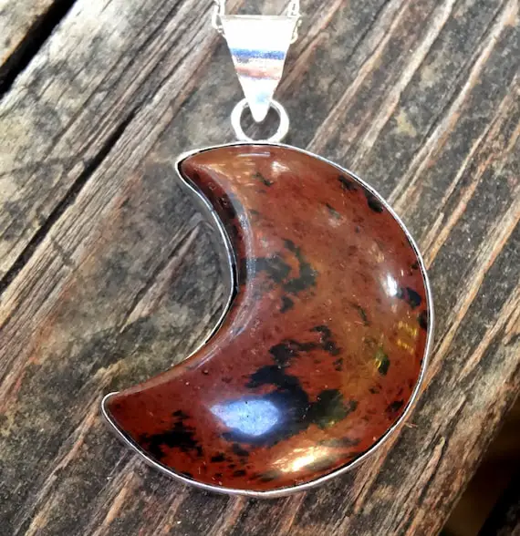 925 - Red Moon Mahogany Obsidian Necklace, Sterling Silver Natural Mahogany Obsidian Moon Pendant, Natural Stone, Ooak Obsidian Moon Jewelry