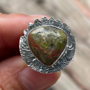 Shop Unakite Rings! 925 silver ring, unakite ring, size 55 or 7.25 US ring, ethnic style ring, green stone ring, women's ring, men's ring | Natural genuine Unakite rings, simple unique handcrafted gemstone rings. #rings #jewelry #shopping #gift #handmade #fashion #style #affiliate #ad