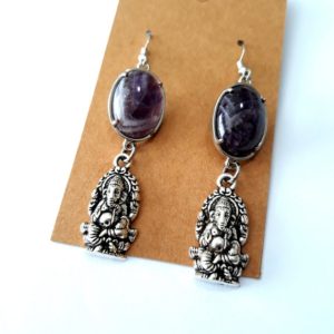 Shop Amethyst Earrings! Amethyst Earrings with 'Ganesha' Charms, Hindu deity, remover of obstacles, spiritual gift, calming energy, healing stone, gemstones | Natural genuine Amethyst earrings. Buy crystal jewelry, handmade handcrafted artisan jewelry for women.  Unique handmade gift ideas. #jewelry #beadedearrings #beadedjewelry #gift #shopping #handmadejewelry #fashion #style #product #earrings #affiliate #ad