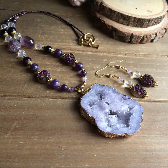 Amethyst Necklace Purple Set Stalactite Pendant Set Raw Druzy Earrings Set Natural Stone Set Boho Gold Gift Unique Jewelry For Women Sld