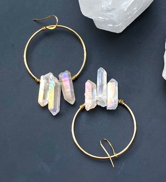 Angel Aura Earrings, Crystal Point Hoop Earrings, Raw Crystal Quartz Earrings, Aura Quartz Crystal Gold Hoop Earrings, Bridesmaid Earrings
