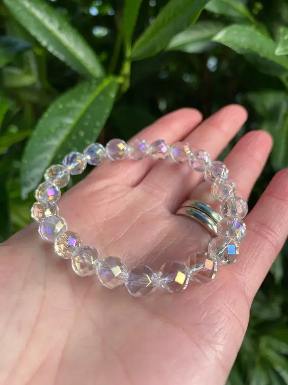 Angel Aura Quartz Crystal Bracelet - Rainbow Gemstone Jewelry - Healing Wrist Mala Beads