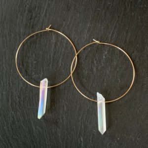 Angel Aura Quartz Crystal Hoop Earrings, Raw Quartz Point Earrings, Angel Aura Quartz Earrings, AB Clear Quartz Point Earrings | Natural genuine Angel Aura Quartz earrings. Buy crystal jewelry, handmade handcrafted artisan jewelry for women.  Unique handmade gift ideas. #jewelry #beadedearrings #beadedjewelry #gift #shopping #handmadejewelry #fashion #style #product #earrings #affiliate #ad