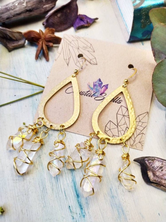 Angel Aura Quartz Earrings, Brass  Dangle Crystal Point Earrings, Aura Earrings,  Boho Gypsy Earrings