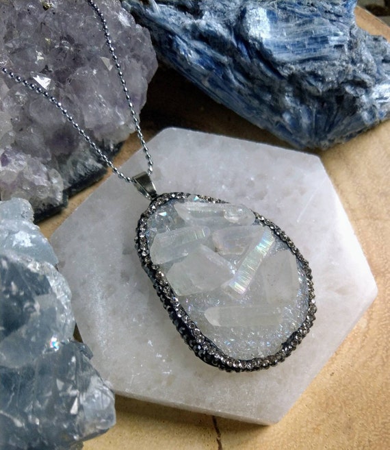Angel Aura Quartz Necklace Pendant Cluster Crystal Diamonte Gift For Her Natural Stone Jewellery
