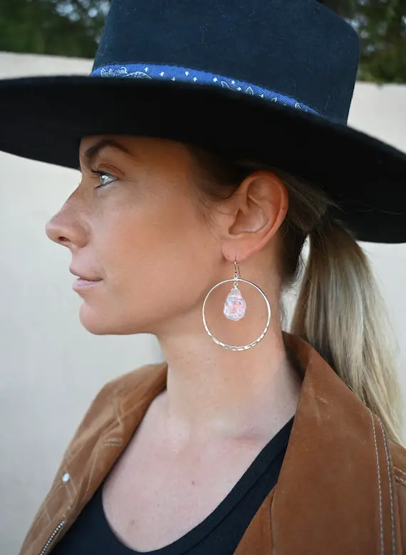 Angel Aura Quartz - Silver Hoop Earrings - Crystal Earrings - Statement Earrings - Boho Earrings - Hammered Silver Earrings - Cool Earrings