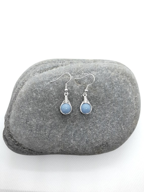 Angelite Earrings, Silver Wire Wrapped Earrings, Single Stone Drop Earrings, Blue Gemstone Pendant Earrings, Birthday Gift Crystal Jewellery