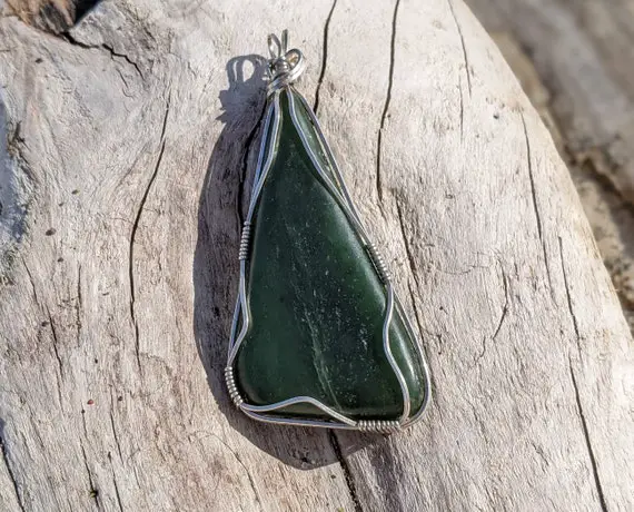 Anniversary Gifts For Women, Bc Jade,  Raw Jade, Natural Dark Green Jade In Sterling Silver Wire, Raw Jade Pendants For Women, Real Jade
