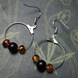 Shop Jet Jewelry! Baltic Amber & Jet Hoop Earrings – Witchcraft –  Pagan, Wiccan, Pentacle, Lignite Jet, Sterling silver | Natural genuine Jet jewelry. Buy crystal jewelry, handmade handcrafted artisan jewelry for women.  Unique handmade gift ideas. #jewelry #beadedjewelry #beadedjewelry #gift #shopping #handmadejewelry #fashion #style #product #jewelry #affiliate #ad