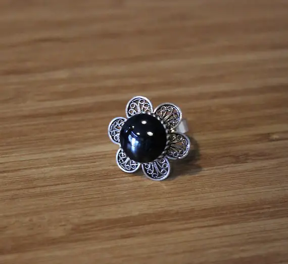 Black Jet Stone Sterling Silver Ring With Marcasite Stones, Big Flower Ring, Vintage Ring, Sterling Silver Ring, Women Ring,big Black Stone
