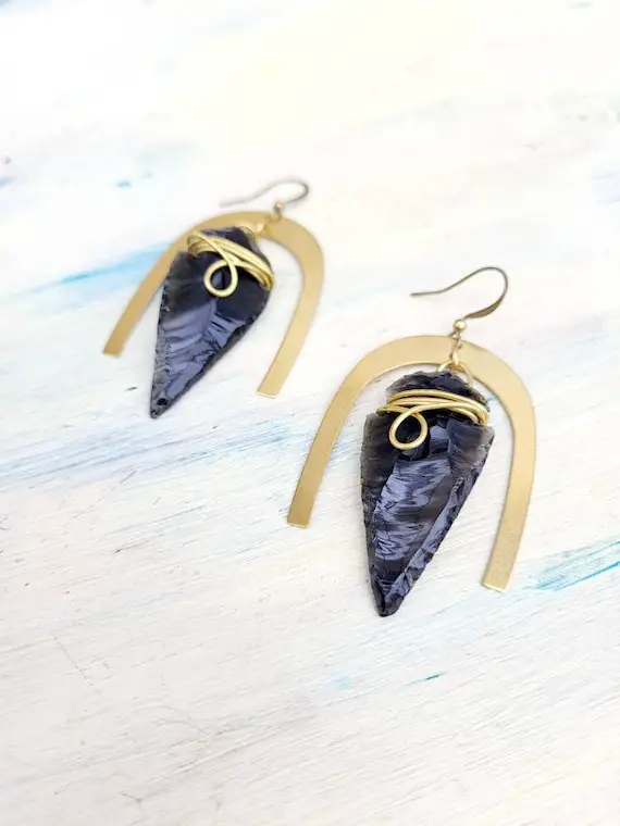 Black Obsidian Earrings, Arrowhead Earrings, Black Gold Earrings, Rainbow Earrings