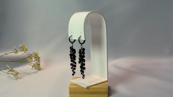Black Obsidian Earrings Waterfall Earrings Black Cluster Earring Raw Crystal Earring Leverback Beaded Earring Dangle Earring Sterling Silver