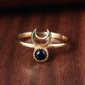 Shop Obsidian Jewelry! Black Obsidian Ring, Half Moon Ring, Gemstone Ring, Gold Ring, Black Ring, Dainty Obsidian Ring, Personalized Gift, Promise Ring, Brass Ring | Natural genuine Obsidian jewelry. Buy crystal jewelry, handmade handcrafted artisan jewelry for women.  Unique handmade gift ideas. #jewelry #beadedjewelry #beadedjewelry #gift #shopping #handmadejewelry #fashion #style #product #jewelry #affiliate #ad
