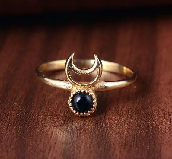 Black Obsidian Ring, Half Moon Ring, Gemstone Ring, Gold Ring, Black Ring, Dainty Obsidian Ring, Personalized Gift, Promise Ring, Brass Ring