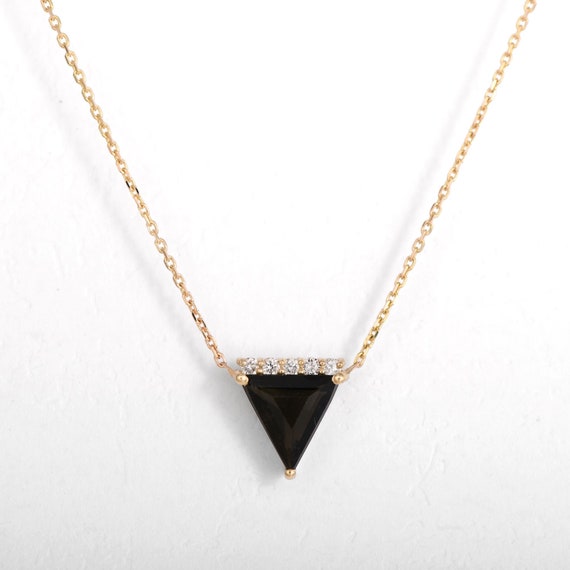 Black Tourmaline Pendant • 14/18k Gold Necklace • Dainty Triangle Necklace With Diamonds, Crystal Necklace For Women In 14k Or 18k Gold