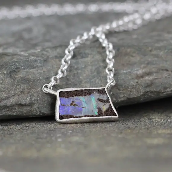Boulder Opal Pendant - Uncut Opal Necklace - Sterling Silver - October Birthstone - Rustic Jewellery