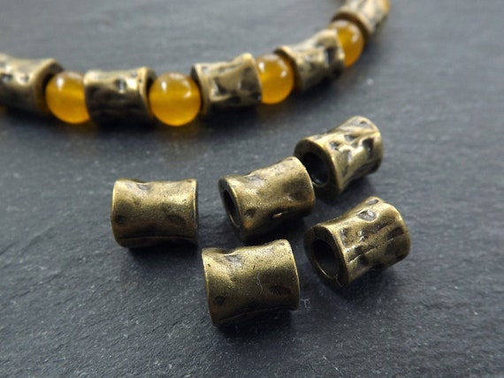 Bronze Tube Beads, Organic Cinched Barrel Bead, Statement Beads, Bracelet Bead Spacer, Large Hole, Antique Bronze Plated, 5pc