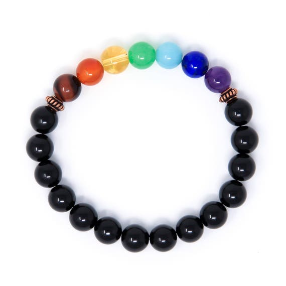 Chakra Mala Bracelet, Mens Womens Yoga Bracelet, 7 Chakra Beads, Black Tourmaline Wrist Mala Prayer Beads, Yoga Jewelry