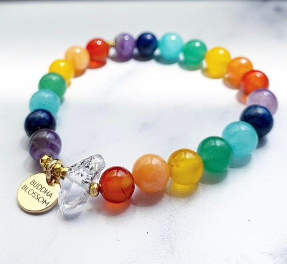 Chakra Stone Bead Bracelet, Herkimer Diamond, Pride Jewelry