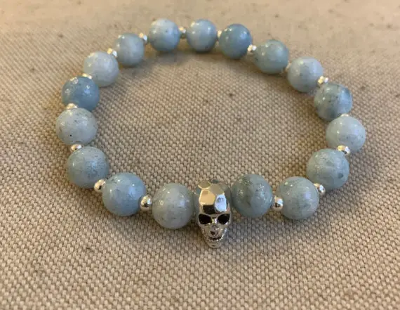 Chill Out And Listen To Your Spirit Guides: Celestite Stretch Bracelet Silver Plated Silver Skull