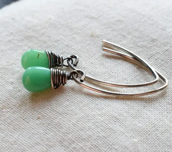 Chrysoprase Earrings In Sterling Silver, Oxidized Wire Wrapped Green Chalcedony Earrings, Modern Mint Green Earrings