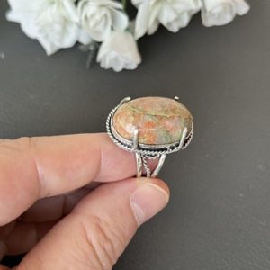 Shop Unakite Rings! Chunky Unakite Gemstone Ring, Chubby Sterling Silver & Unakite Stone of Vision, Custom Design Artisanmade Modernist Ring, Comely Gift Idea | Natural genuine Unakite rings, simple unique handcrafted gemstone rings. #rings #jewelry #shopping #gift #handmade #fashion #style #affiliate #ad