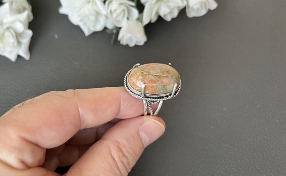 Chunky Unakite Gemstone Ring, Chubby Sterling Silver & Unakite Stone Of Vision, Custom Design Artisanmade Modernist Ring, Comely Gift Idea
