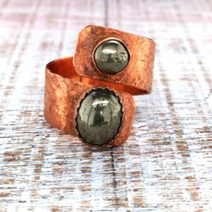 Shop Pyrite Rings! Copper Bypass Ring With Two Pyrite Cabochons Rustic Minimalist Size 8 Adjustable Men or Women | Natural genuine Pyrite rings, simple unique handcrafted gemstone rings. #rings #jewelry #shopping #gift #handmade #fashion #style #affiliate #ad