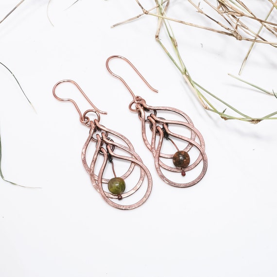 Copper Wire Earrings With Unakite Earrings Hammered Copper Earrings Beaded Earrings Hippie Jewelry Healing Copper Earrings Rustic Earrings