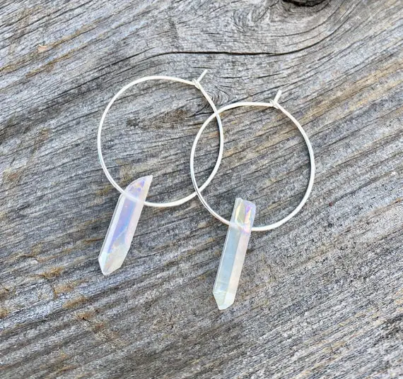 Crystal Hoop Earrings, Raw Stone Earrings, Crystal Point Jewelry, Angel Aura Earrings, Small Hoops, Quartz Earrings, Bohemian Gift For Her