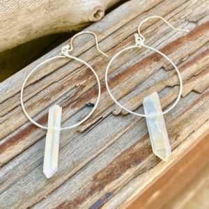 Shop Angel Aura Quartz Earrings! Crystal Point hoop earrings, Angel Aura earrings, clear quartz crystal earrings, bridesmaid gift, boho hoop earrings, raw stone hoop earings | Natural genuine Angel Aura Quartz earrings. Buy crystal jewelry, handmade handcrafted artisan jewelry for women.  Unique handmade gift ideas. #jewelry #beadedearrings #beadedjewelry #gift #shopping #handmadejewelry #fashion #style #product #earrings #affiliate #ad