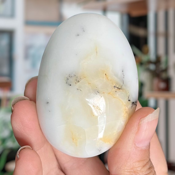 Artisan Dendritic Opal Palm Stone | Hand Polished Meditation Stone | Large White Opal Crystal Palm Stone | Vohibola Deposit, Madagascar