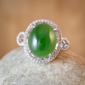 Shop Jade Jewelry! Diamond Halo Setting AAA Grade Nephrite Jade Ring, Jade Engagement Ring, Cocktail Ring | Natural genuine Jade jewelry. Buy handcrafted artisan wedding jewelry.  Unique handmade bridal jewelry gift ideas. #jewelry #beadedjewelry #gift #crystaljewelry #shopping #handmadejewelry #wedding #bridal #jewelry #affiliate #ad