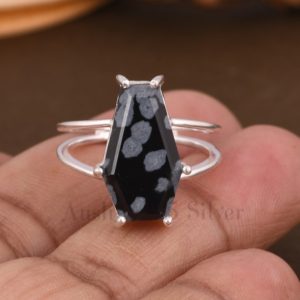 Shop Snowflake Obsidian Rings! Double Band Coffin Ring – Snowflake Obsidian Ring – Rings For Girls – Personalized Gifts –  Boho Ring – 925 Silver Ring – Gift For Daughter. | Natural genuine Snowflake Obsidian rings, simple unique handcrafted gemstone rings. #rings #jewelry #shopping #gift #handmade #fashion #style #affiliate #ad