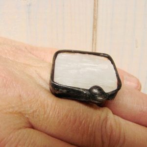 Shop Selenite Rings! Druzy Selenite Ring Raw Selenite Copper Ring stained glass gothic wichy Moon Stone Ring  Retro  Boho Oxidized To Old Copper  Gypsy style | Natural genuine Selenite rings, simple unique handcrafted gemstone rings. #rings #jewelry #shopping #gift #handmade #fashion #style #affiliate #ad