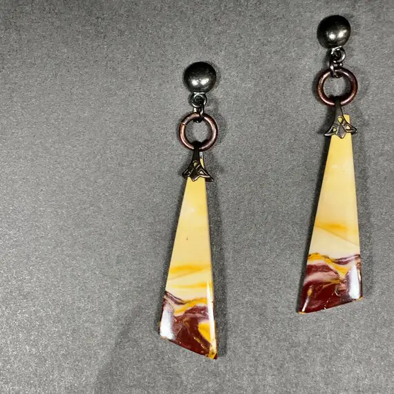 Earring-mookaite Jasper Triangular Slice With Oxidized Copper Ring Dangle Drop