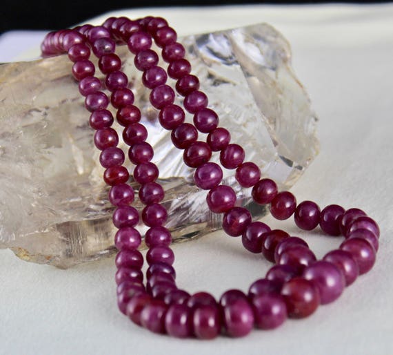 Earth Mined 2 Line 425 Cts Natural Untreated Ruby Round Beads Necklace With Silk Cord