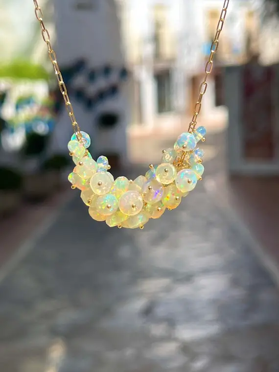 Ethiopian Opal Cluster Necklace And Earrings Set, Rainbow Opal Necklace, Gifts For Her