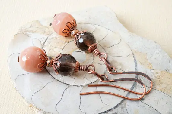Faceted Sunstone And Smoky Quartz Earrings, Muted Peach Sunstone Earrings, Antique Copper Gemstone Earrings, Light Peach And Brown Earrings