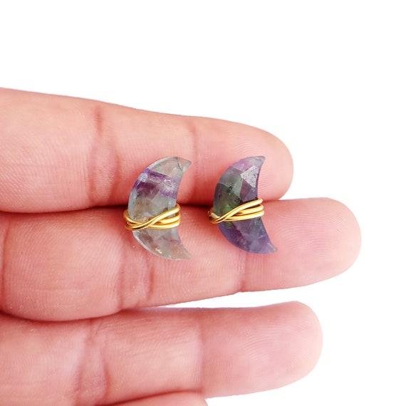 Fluorite Crescent Moon Stud Earring,925 Sterling Silver Fluorite Earring, Half Moon Stud, Crescent Moon Wire Wrapped Gold Stud Earring, Gift