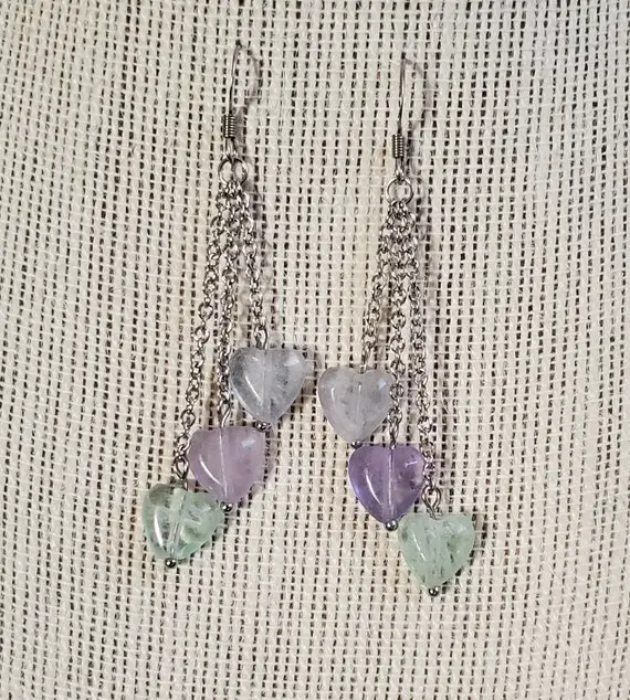 Fluorite Heart Earrings Green Purple Clear Fluorite Earrings Dangle Drop Earrings Handmade Gemstone Crystal Earrings