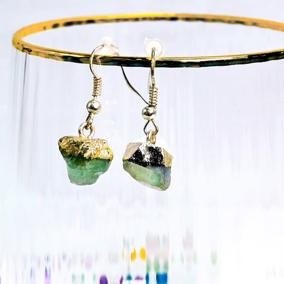 Fluorite Silver Crystal Stone Earrings - Fluorite Crystal Earring - Crystal Earring - Fluorite Earring - Gold Earring - Green Earring