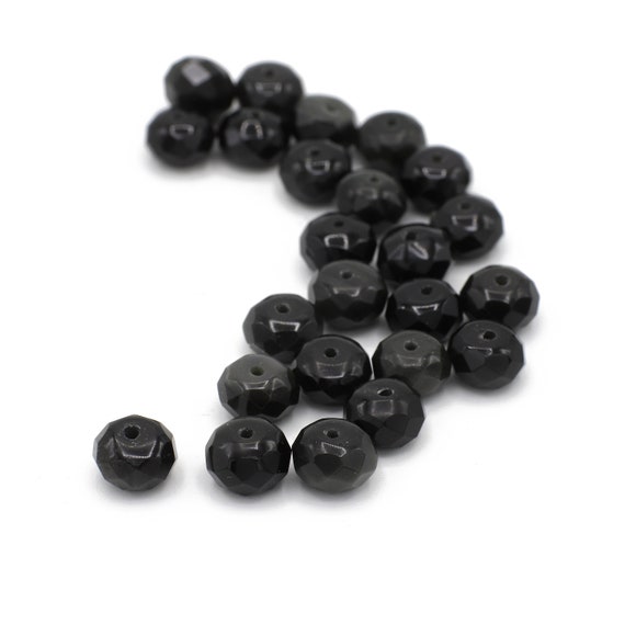 Genuine Faceted Black Obsidian Round Rondelle Shaped Beads Center Drilled 5x8mm 6pcs