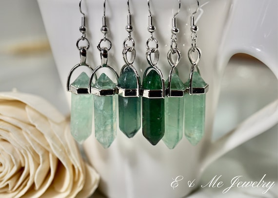 Genuine Healing Crystal Gemstone Chakra Point Silver Pendent Green Fluorite Earrings & Necklace