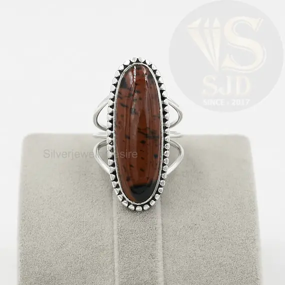 Genuine Mahogany Obsidian Ring, 925 Sterling Silver, Obsidian Ring, 10x30 Mm Long Oval Ring, Triple Band Ring, Silver Ring, Womens Ring